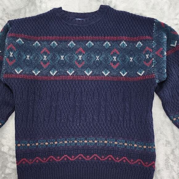 Vintage 70s Pendleton Sweater Mens L Navy Blue Fair Isle Wool Crew Neck Pullover - Picture 2 of 7